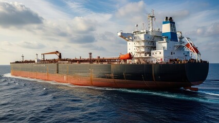 Large oil tanker sailing on open water under cloudy sky daytime