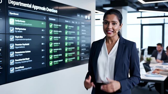 Woman in suit pointing at overdue departmental approvals on a large screen