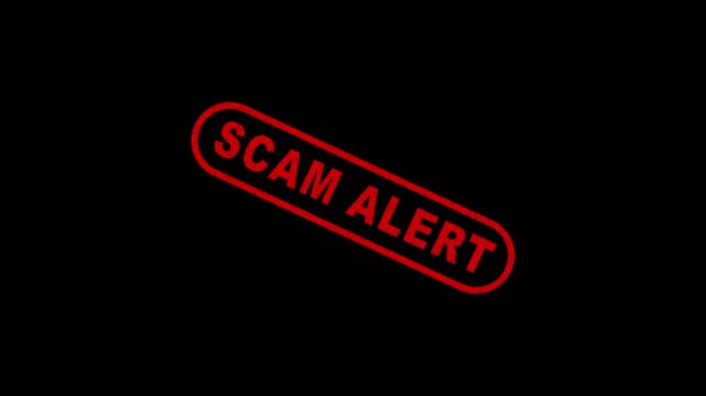 Scam Alert Stamp Label Animation on Dark Background for Fraud Warning and Broadcast Media Alert Notification 4K Motion Graphics Animation