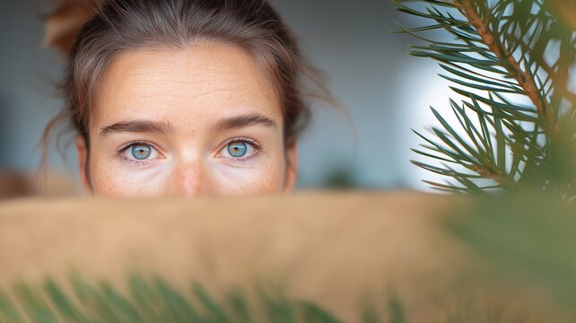 Neugieriger Gesichtsausdruck einer Frau, die in einer nat&uuml;rlichen Umgebung hinter Bl&auml;ttern hervorlugt
