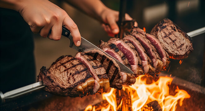 Grilled steak being sliced on skewer over open flame barbecue