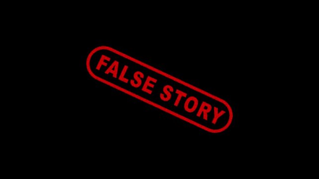 False Story Stamp Label Animation on Dark Background for Fake News Warning and Broadcast Media Alert 4K Motion Graphics Animation