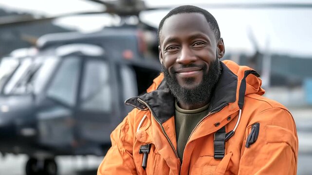 Faceless African man in orange uniform posing with helicopter background, paramedic or mountain rescue service worker, with copy space
