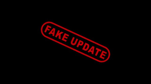 Fake Update Stamp Label Animation on Dark Background for False Announcement and Broadcast Media Notification 4K Motion Graphics Animation