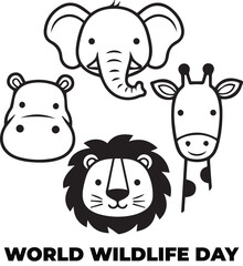 Naklejka premium World Wildlife Day vector with elephant, hippopotamus, giraffe, lion silhouettes and bold conservation awareness design
