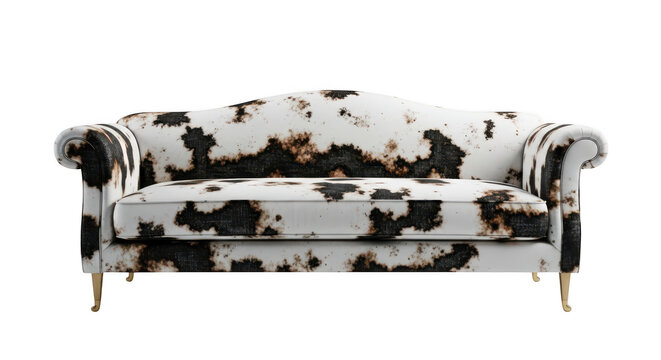 A luxurious cow print sofa with gold legs on isolated transparent background