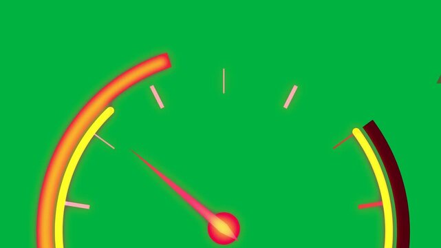 Neon gauge needle starting top-right, rotating left past ticks, glowing, counting on transparent