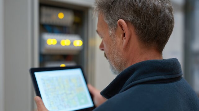 Elektriker behebt Stromausfall in deutscher Wohnung mit Tablet und Taschenlampe zur Stromkreisanalyse