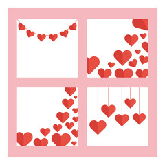 Red paper hearts arranged in four decorative compositions
