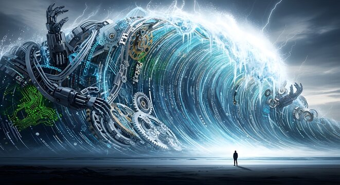 Massive Tidal Wave Code Gears Robots Automation Digital Technology Dramatic