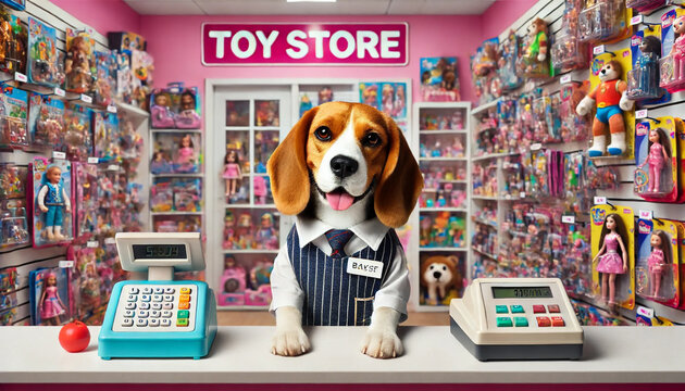 Adorable beagle working as a cashier in a bright toy store.