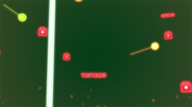 Scan bar sweeping from left neon orbs orbiting labels flipping seeking threats transparent backdrop