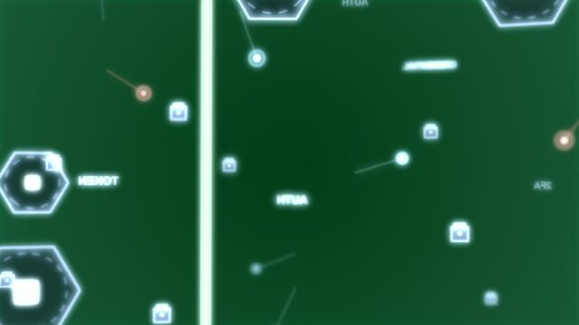 Network HUD reacting to vertical bar, nodes orbiting, showing auth flow on transparent background