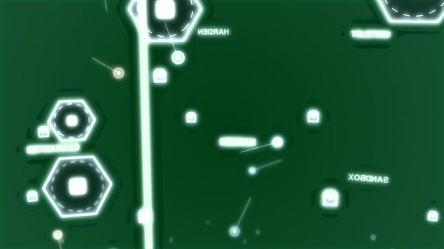 Abstract nodes animating transparent bg, vertical bar entering left, making them link, map settling