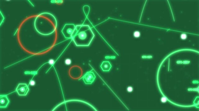 Neon HUD core pulsing sparking nodes sweeping popping rings blips moving showing status clear bg