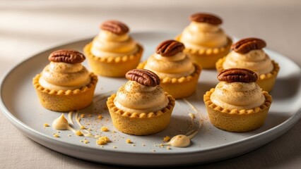 Mini pecan tartlets on ceramic plate for fall dessert buffet and party serving background