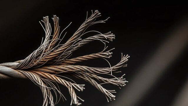Close-up of a frayed and broken steel wire rope with rusty strands against a dark background