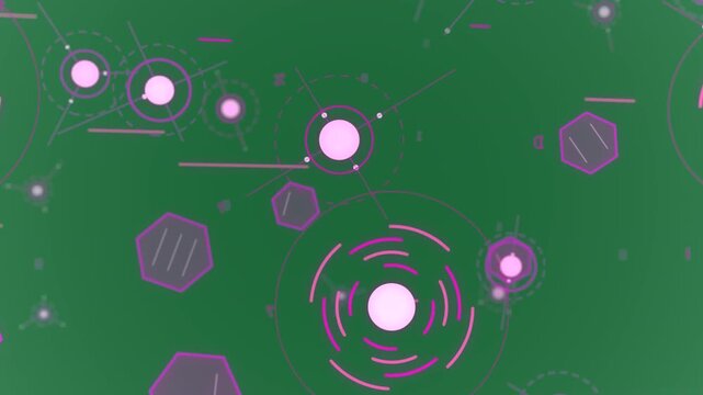 On upper-left glow, pink HUD pulsing rotating, hex chips drifting on transparent bg showing focus