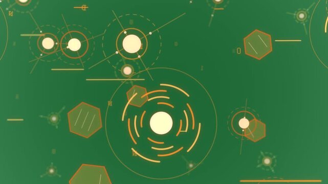 Central node pulsing and rotating, nodes orbiting for schematic readout, transparent background