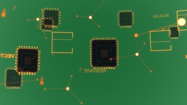 Camera tilt starting chips drifting, central chip scaling pulsing to show network on transparent bg