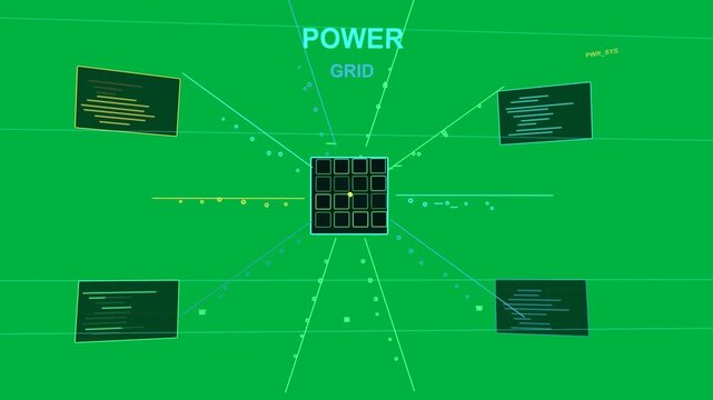Power HUD starting from black, 3x3 hub growing, dots flowing to show power flow on transparent