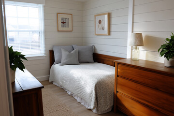 Cozy bedroom with natural light and warm wooden decor