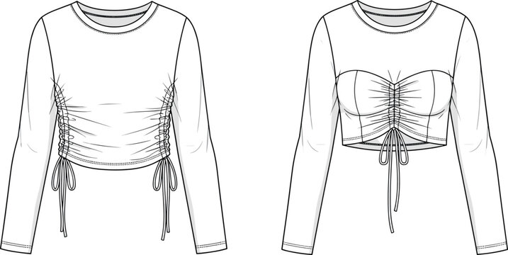 Women long sleeve crop top technical flat sketch vector illustration with side and center ruched drawstring tie details front view.