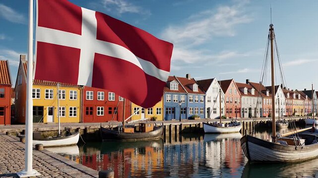 Vibrant row of colorful buildings along a harbor with boats and Danish flag