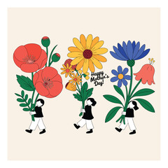 Three children carrying bouquets of flowers for mothers day