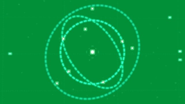 Cyan arc appearing, drawing dashed orbits, dots circling core, showing orbit HUD on transparent-bg