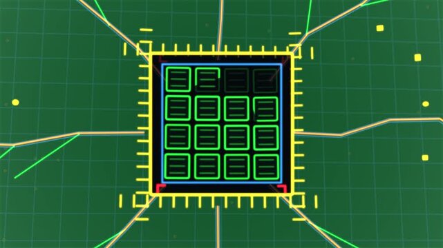 Wedge expanding into neon chip, microchip lighting cores and routing data on transparent grid