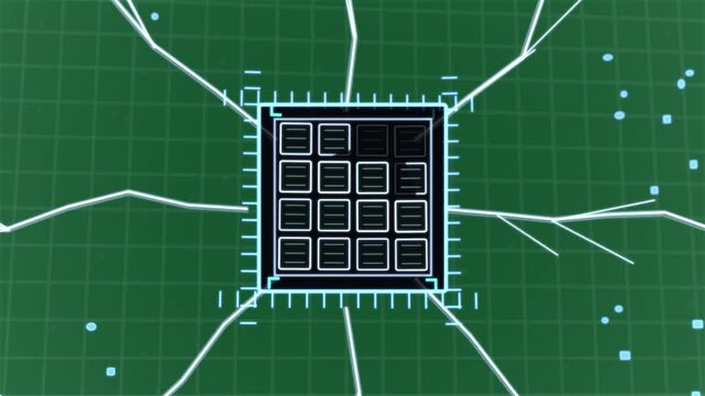 Dark wedge appearing morphing into 4x4 module powering and linking grid on transparent background