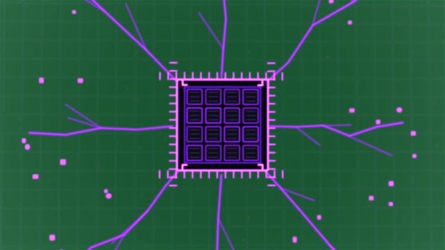 Tri morphing to magenta chip, branching, pulsing 4x4 grid, activating UI, transparent