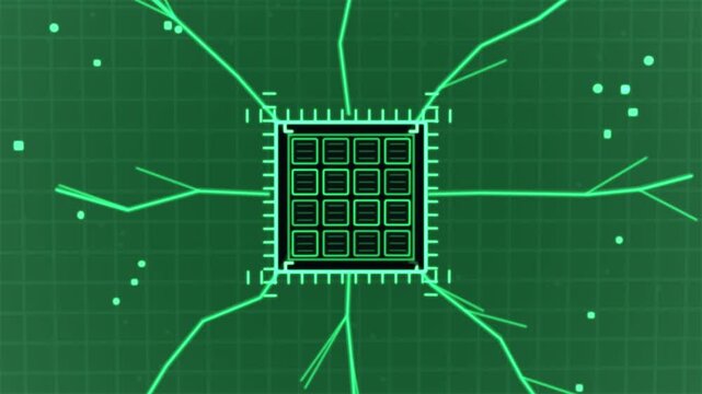Triangle morphing to chip triggers neon lines branching and connecting nodes on transparent grid