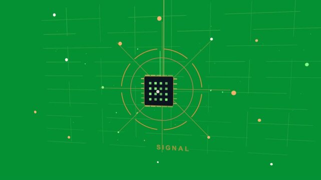 Microchip square receiving green beam, emitting rings and sending signal on transparent grid