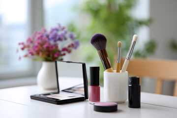 Beauty tools and flowers brighten a cozy makeup corner
