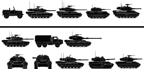 Tank, Armored Truck, Jeep, and War Machine Vectors © Razia