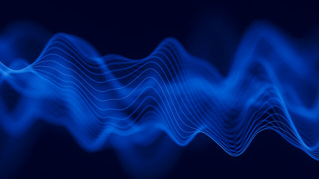 Audio blue waveform digital background. Abstract music waves equalizer. Futuristic sound wave visualization. AI synthetic voice technology. Tune print. Distorted frequencies.