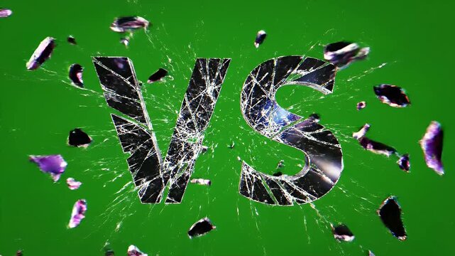 Shattered glass letters 'VS' with bright light bursts on a green textured background