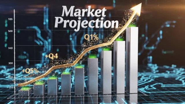 3D bar graph showing market projection with upward trend and digital background.