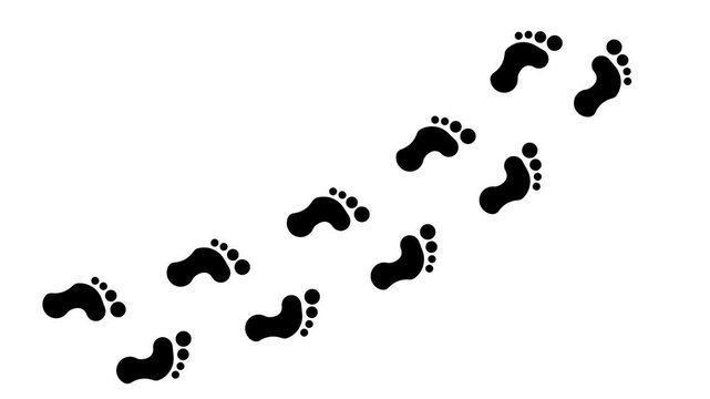 Abstract human shoes footstep walking animation. Black color footprints shoes, shoe prints marks feet animated on white background. 4k video