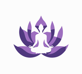 Meditating figure in lotus position within abstract purple flower illustration