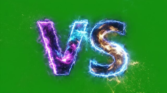 Energetic V and S letters glow with purple and blue fire on green background