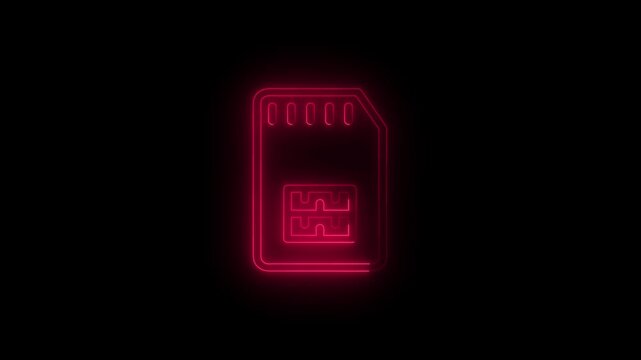 Glowing neon SIM card icon animation on black background in futuristic digital style. Mobile network, telecom communication and wireless data technology concept motion graphic. 4k video