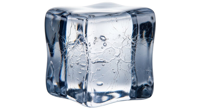 Clear ice cube with water droplets isolated on transparent background