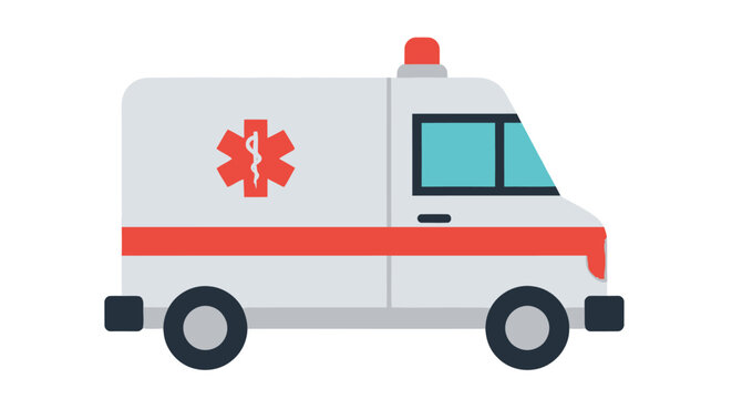 Simple illustration of a white ambulance with a red stripe and medical star