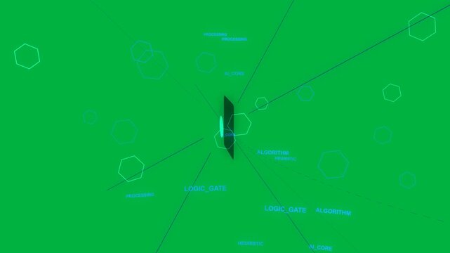 Cube core pulsing, causing blobs splitting drifting as arms rotating showing data on transparent bg