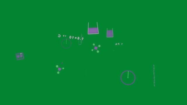 On start neon science icons floating, rotating and pulsing over transparent backdrop, forming HUD