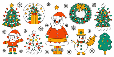 Fototapeta premium Colorful cartoon christmas elements including santa trees and decorations