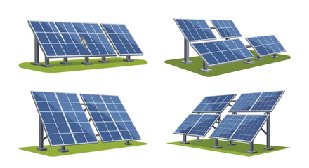 Illustration of multiple blue solar panels on grassy ground surfaces © vector desgins 